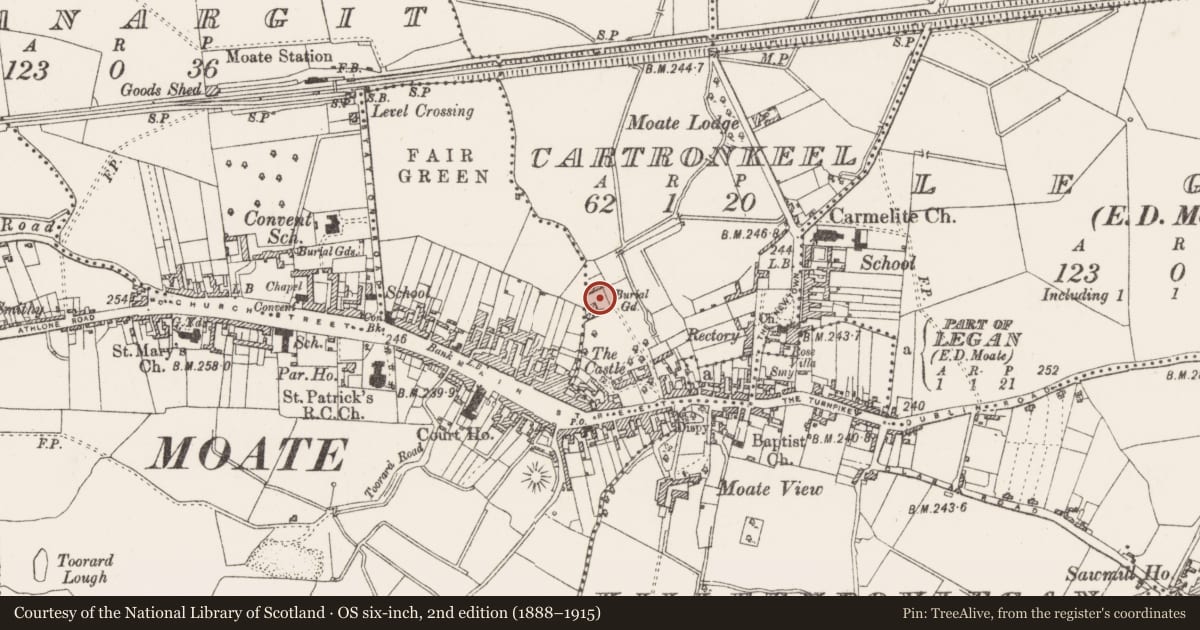 Ordnance Survey six-inch map, 2nd edition (1888–1915) covering the location of Burial ground, Cartronkeel, County Westmeath, with a pin at the register's coordinates