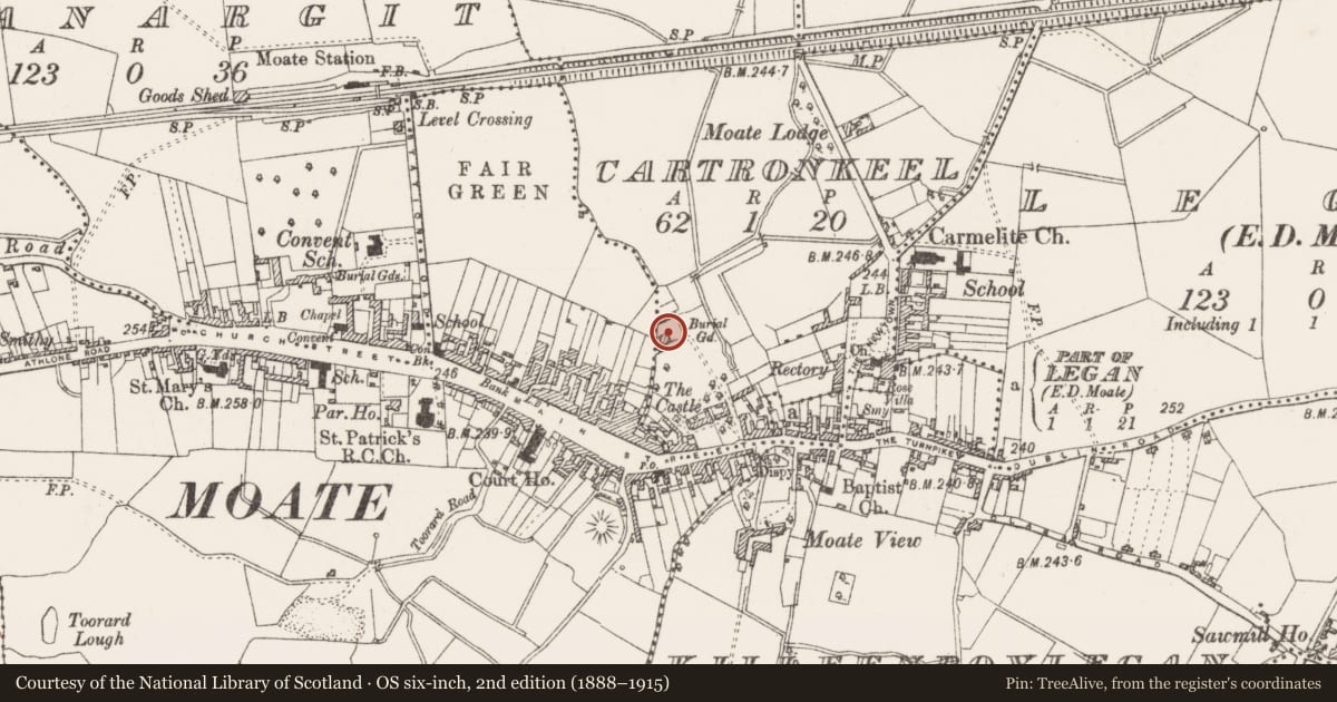 Ordnance Survey six-inch map, 2nd edition (1888–1915) covering the location of Inscribed stone, Cartronkeel, County Westmeath, with a pin at the register's coordinates