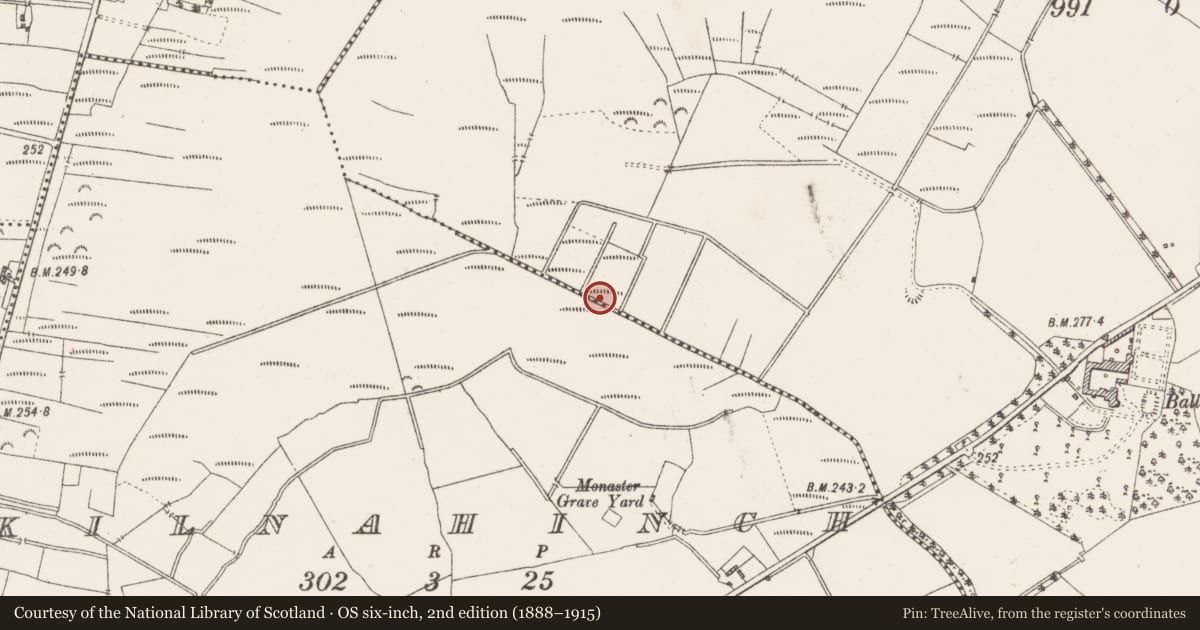 Ordnance Survey six-inch map, 2nd edition (1888–1915) covering the location of Crannog, Ballinderry, Kilnahinch, County Westmeath, with a pin at the register's coordinates