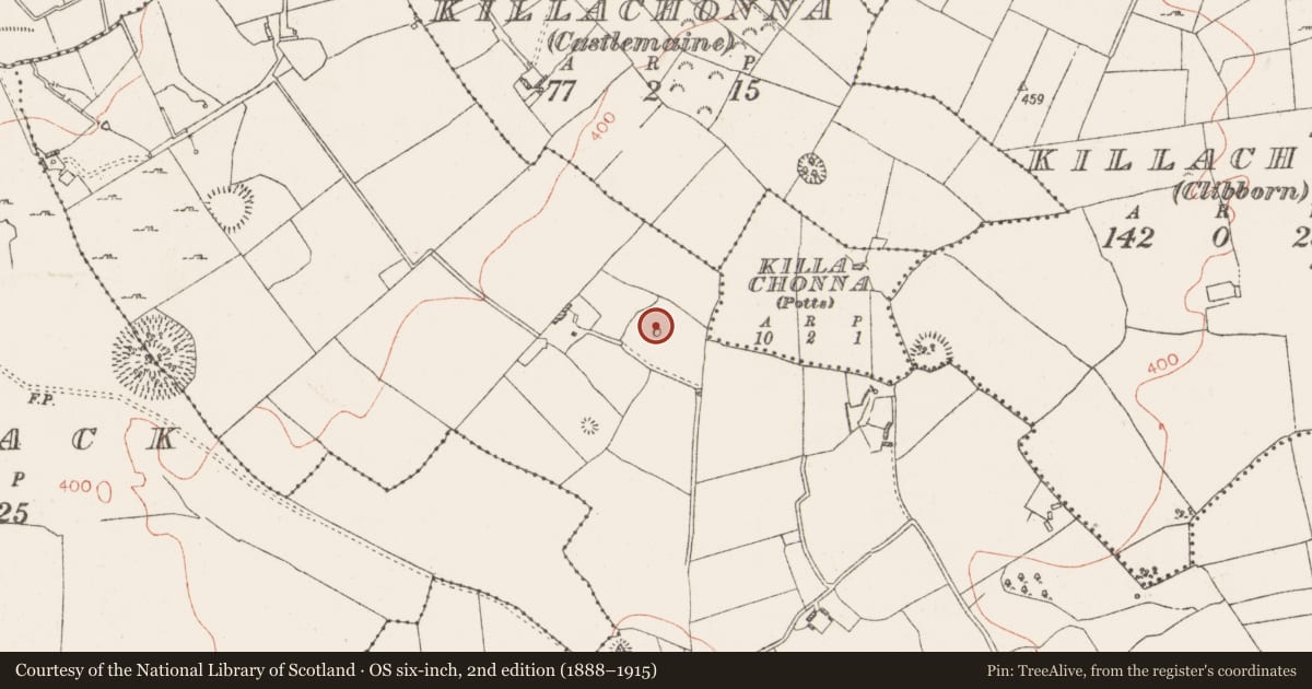 Ordnance Survey six-inch map, 2nd edition (1888–1915) covering the location of Mound, Knockdomny, County Westmeath, with a pin at the register's coordinates