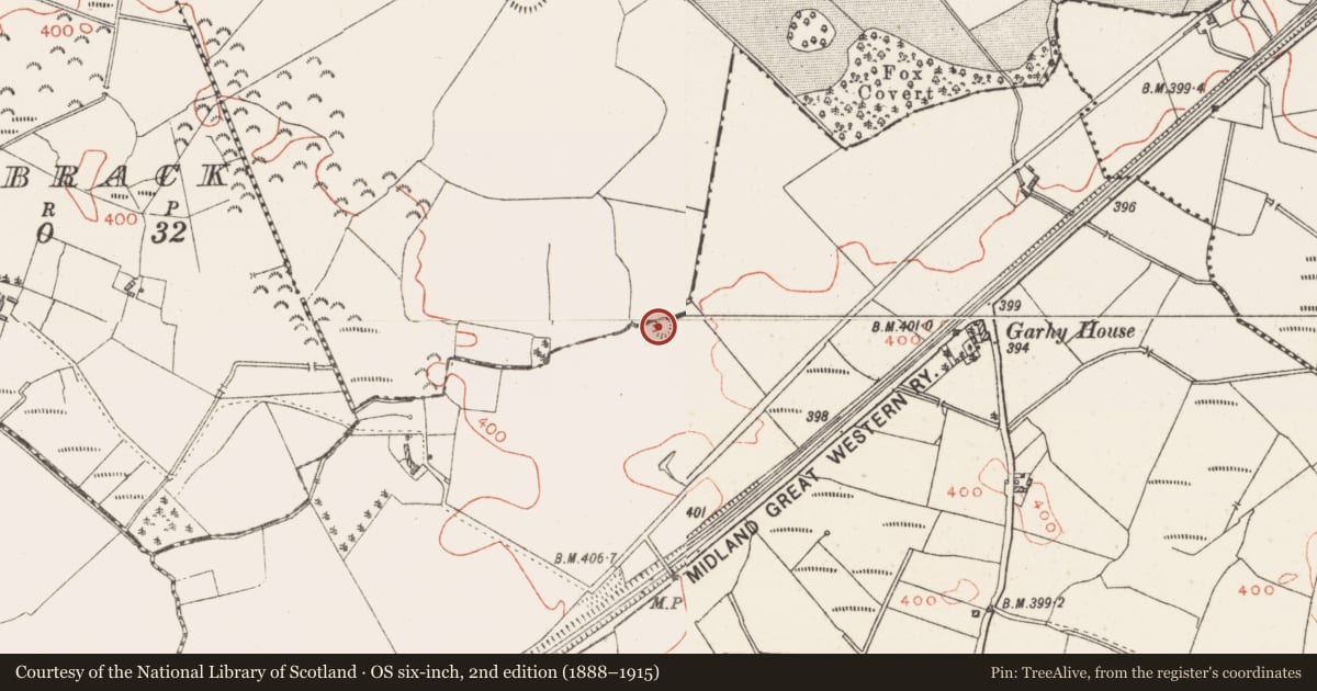 Ordnance Survey six-inch map, 2nd edition (1888–1915) covering the location of Barrow - ring-barrow, Garhy, County Westmeath, with a pin at the register's coordinates