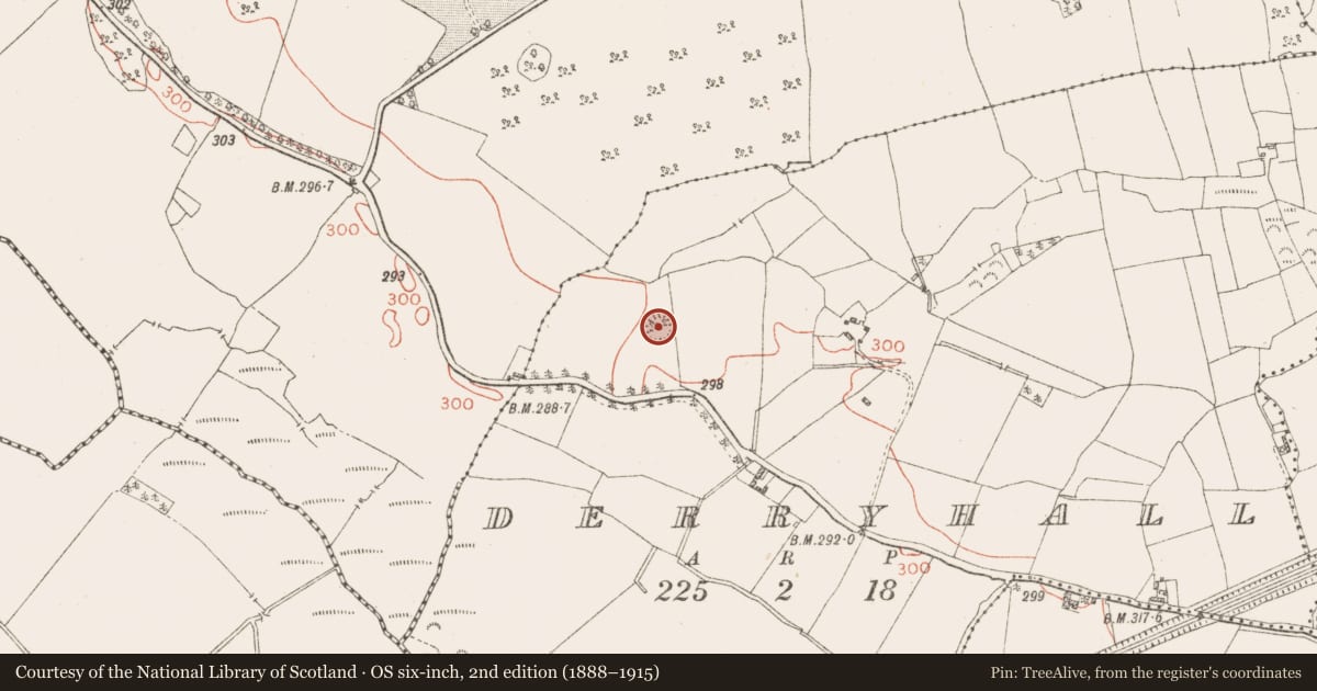 Ordnance Survey six-inch map, 2nd edition (1888–1915) covering the location of Ringfort - rath, Derryhall, County Westmeath, with a pin at the register's coordinates
