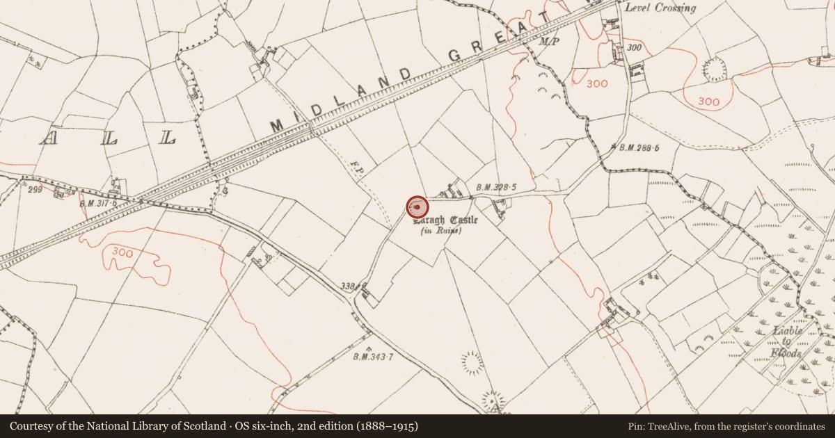 Ordnance Survey six-inch map, 2nd edition (1888–1915) covering the location of Castle - tower house, Laragh, County Westmeath, with a pin at the register's coordinates