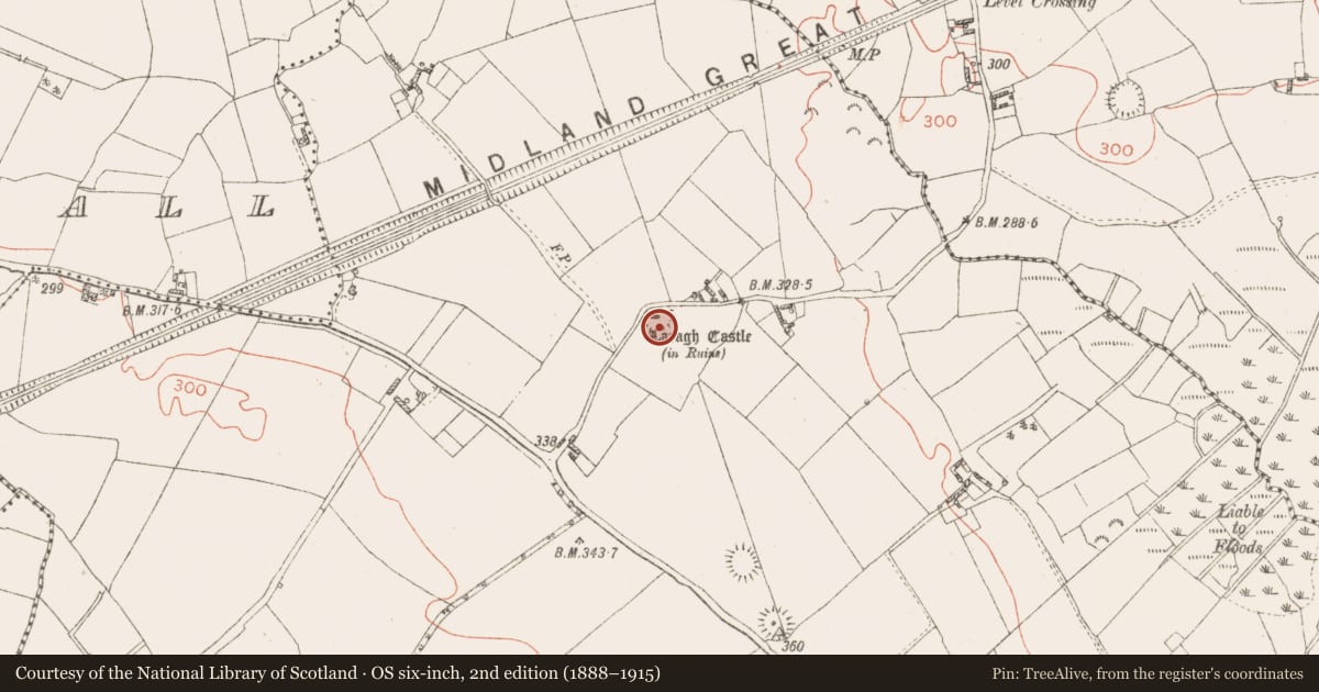 Ordnance Survey six-inch map, 2nd edition (1888–1915) covering the location of Bawn, Laragh, County Westmeath, with a pin at the register's coordinates