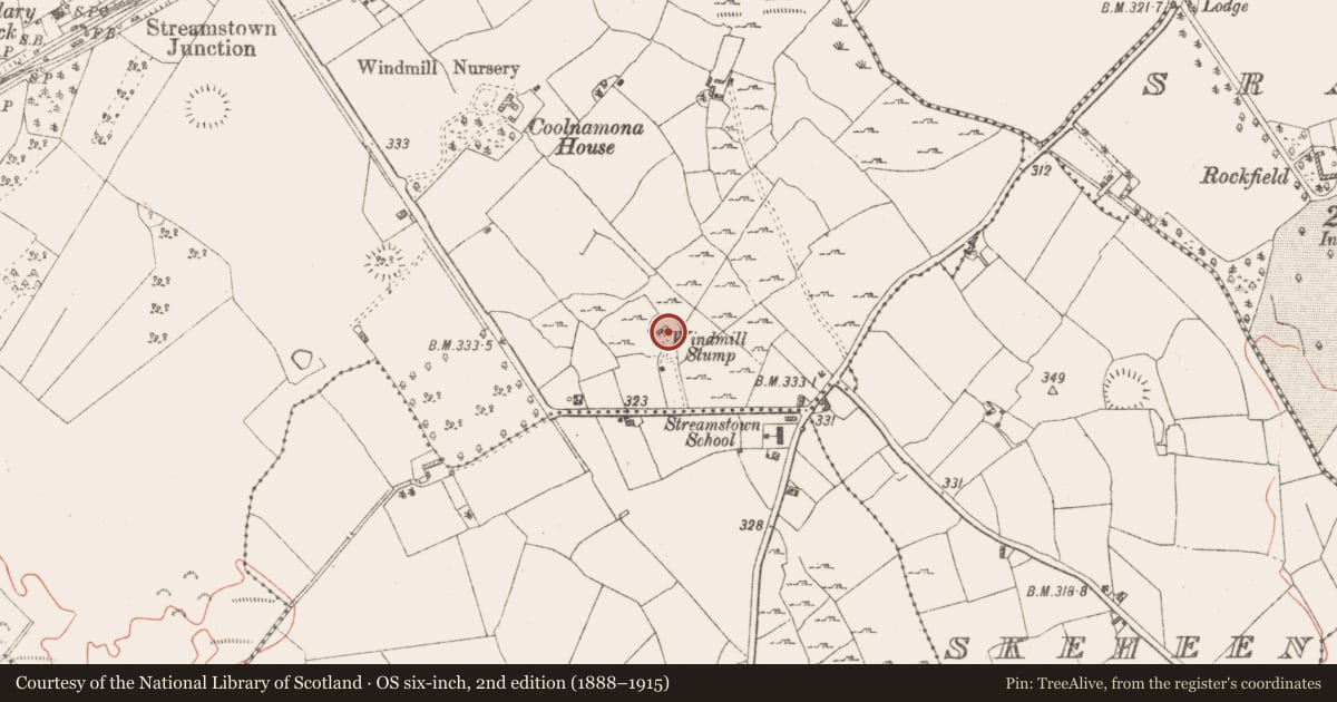 Ordnance Survey six-inch map, 2nd edition (1888–1915) covering the location of Windmill, Streamstown, County Westmeath, with a pin at the register's coordinates
