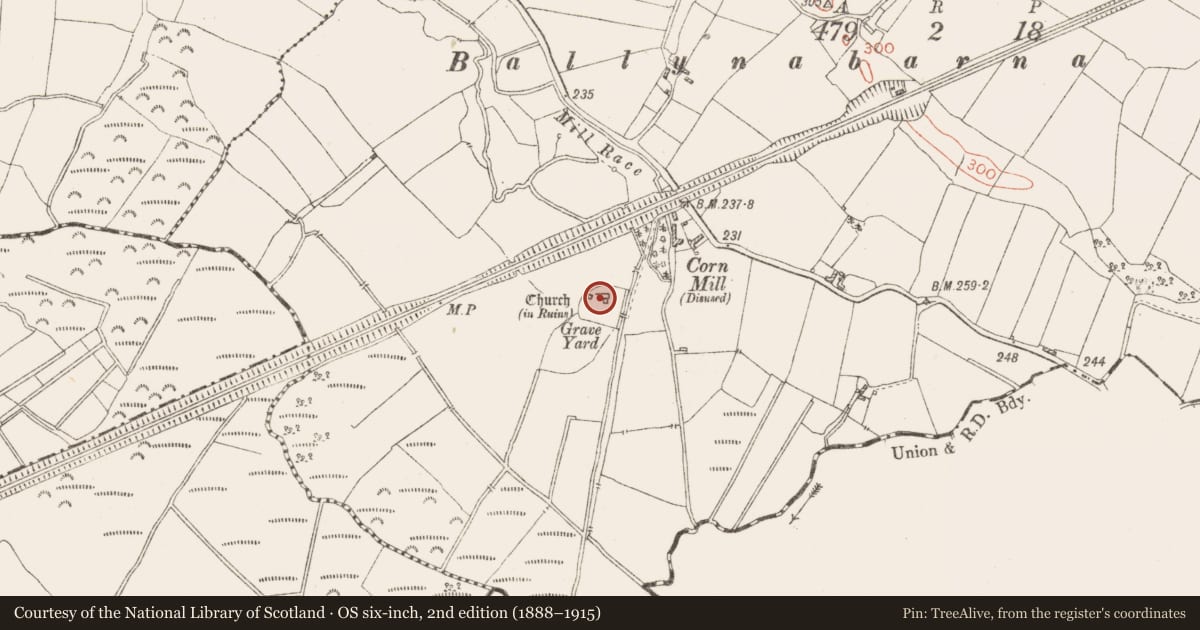 Ordnance Survey six-inch map, 2nd edition (1888–1915) covering the location of Church, Kilcumreragh, County Westmeath, with a pin at the register's coordinates