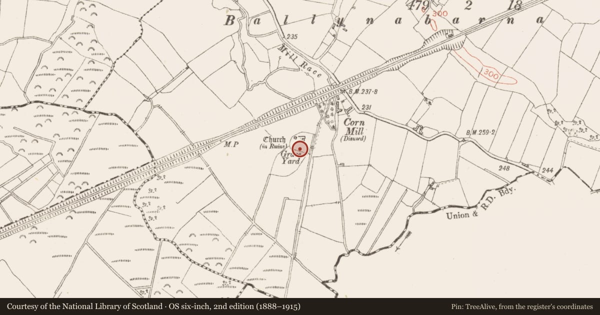 Ordnance Survey six-inch map, 2nd edition (1888–1915) covering the location of Ecclesiastical enclosure, Kilcumreragh, County Westmeath, with a pin at the register's coordinates