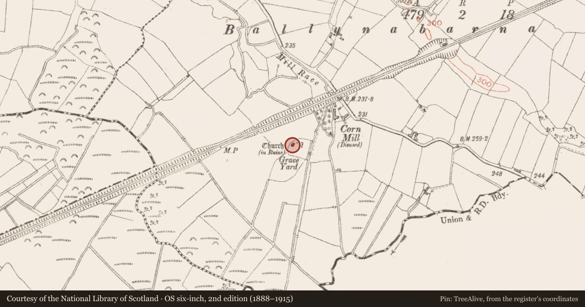 Ordnance Survey six-inch map, 2nd edition (1888–1915) covering the location of Chapel, Kilcumreragh, County Westmeath, with a pin at the register's coordinates