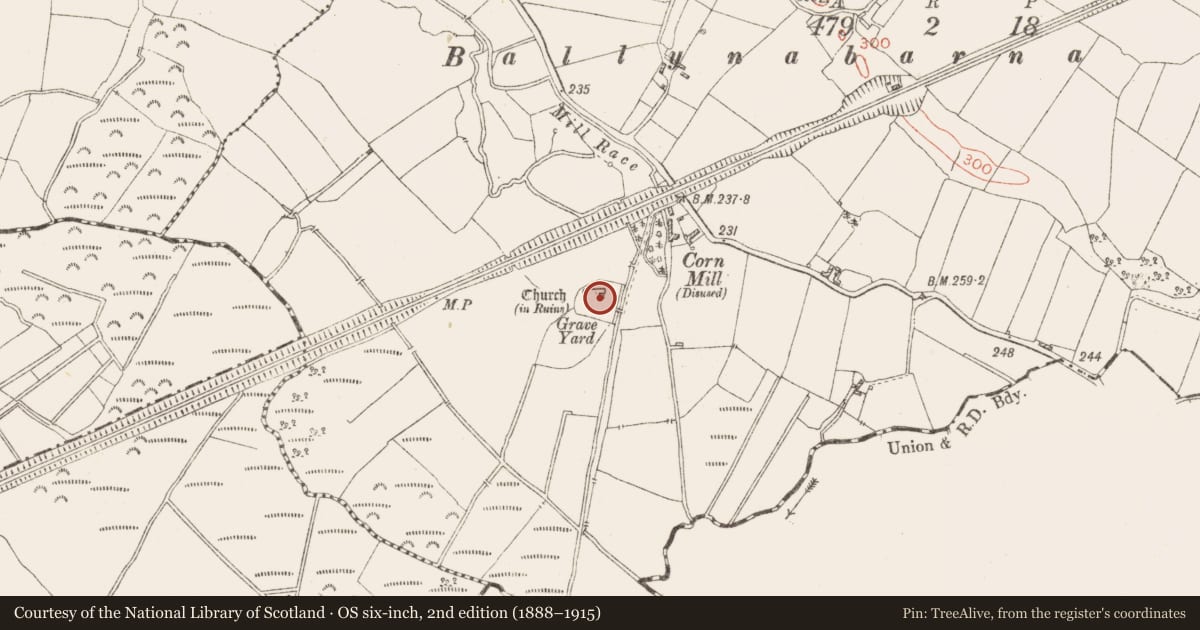 Ordnance Survey six-inch map, 2nd edition (1888–1915) covering the location of Chapel, Kilcumreragh, County Westmeath, with a pin at the register's coordinates