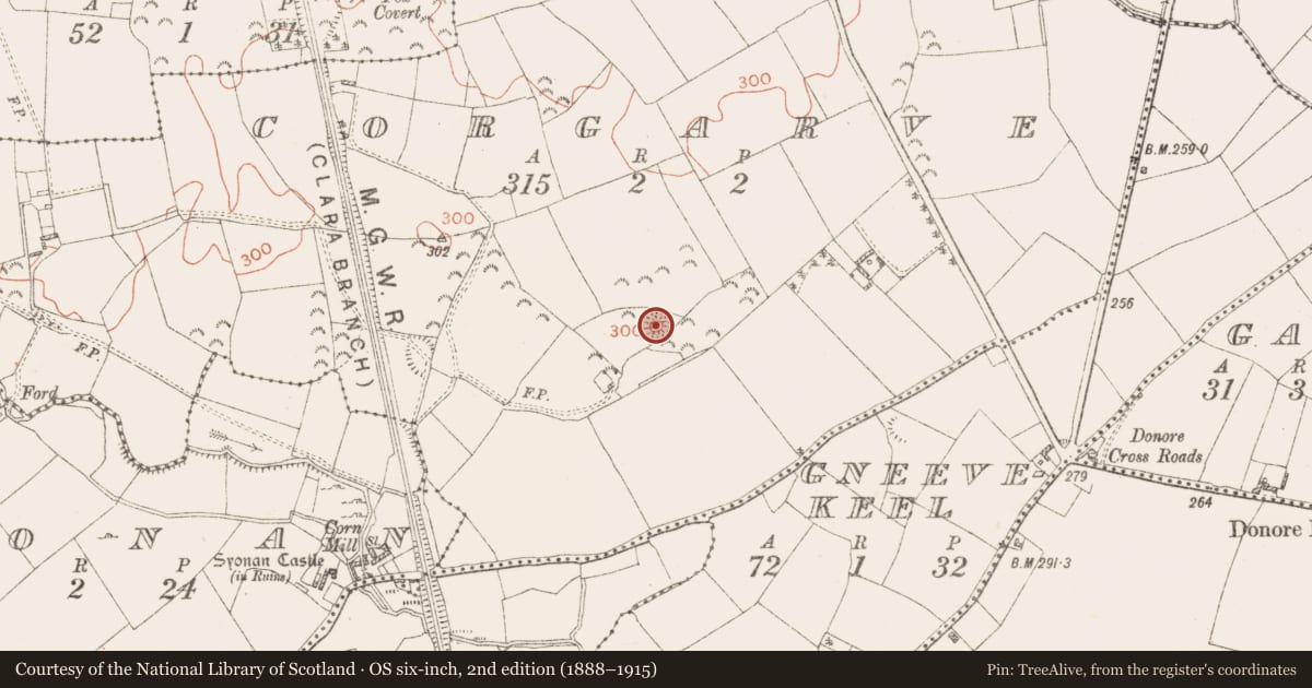 Ordnance Survey six-inch map, 2nd edition (1888–1915) covering the location of Barrow - ring-barrow, Corgarve, County Westmeath, with a pin at the register's coordinates