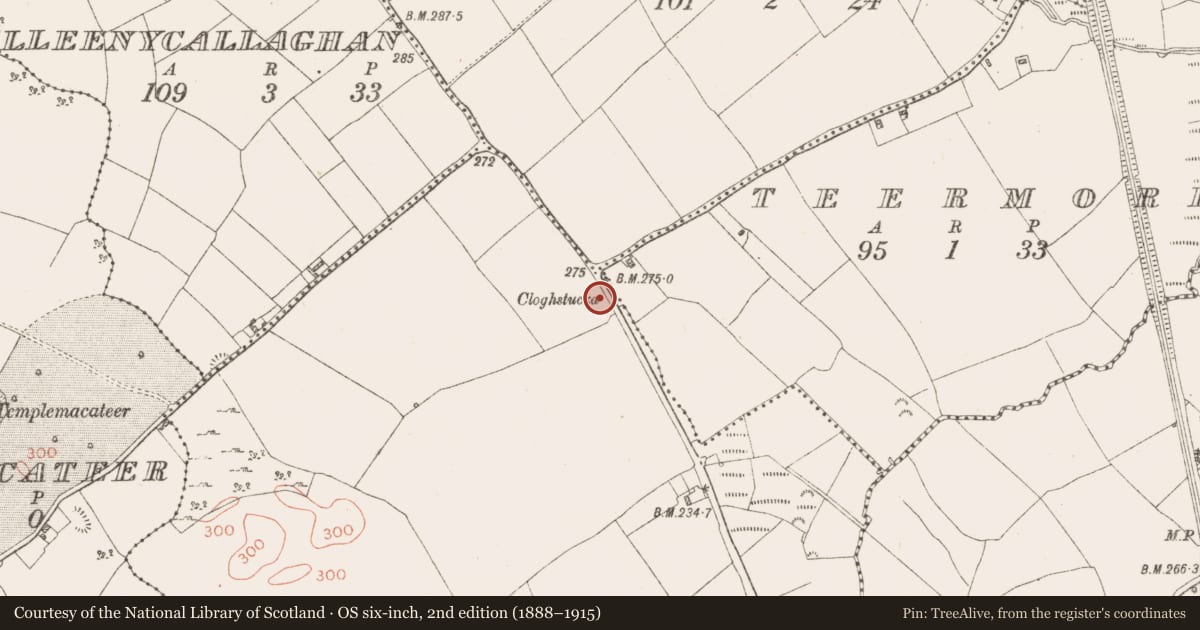 Ordnance Survey six-inch map, 2nd edition (1888–1915) covering the location of Standing stone, Ardnurcher, County Westmeath, with a pin at the register's coordinates