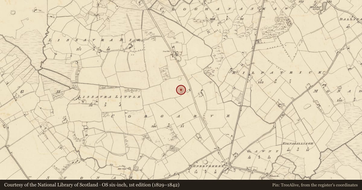 Ordnance Survey six-inch map, 1st edition (1829–1842) covering the location of Ringfort - rath, Corgarve, County Westmeath, with a pin at the register's coordinates