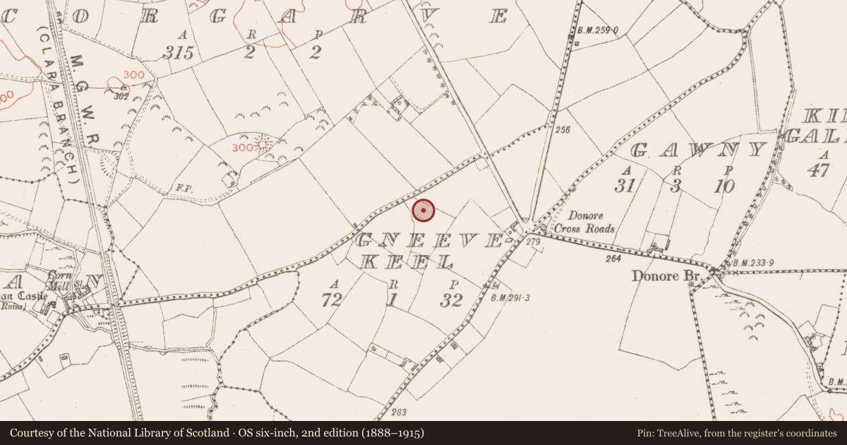 Ordnance Survey six-inch map, 2nd edition (1888–1915) covering the location of Ringfort - rath, Gneevekeel, County Westmeath, with a pin at the register's coordinates