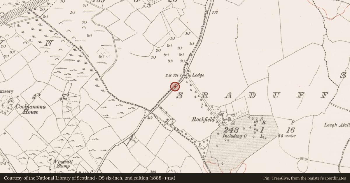 Ordnance Survey six-inch map, 2nd edition (1888–1915) covering the location of Burial, Bunanagh, Sraduff, County Westmeath, with a pin at the register's coordinates