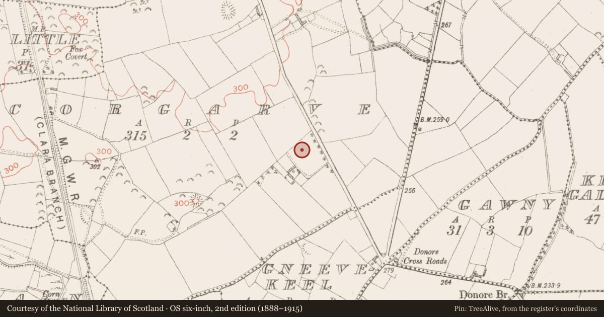 Ordnance Survey six-inch map, 2nd edition (1888–1915) covering the location of Burial ground, Corgarve, County Westmeath, with a pin at the register's coordinates