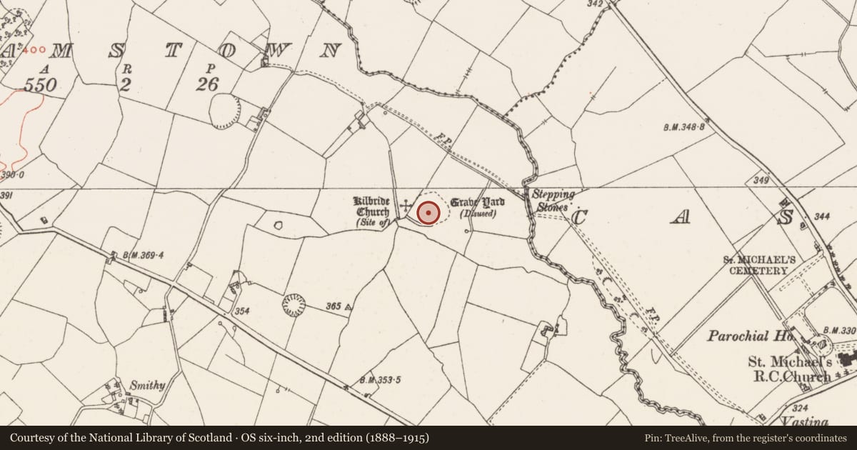 Ordnance Survey six-inch map, 2nd edition (1888–1915) covering the location of Ecclesiastical enclosure, Adamstown, County Westmeath, with a pin at the register's coordinates
