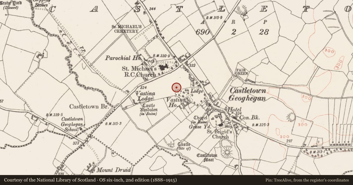 Ordnance Survey six-inch map, 2nd edition (1888–1915) covering the location of Earthwork, Castletown, County Westmeath, with a pin at the register's coordinates