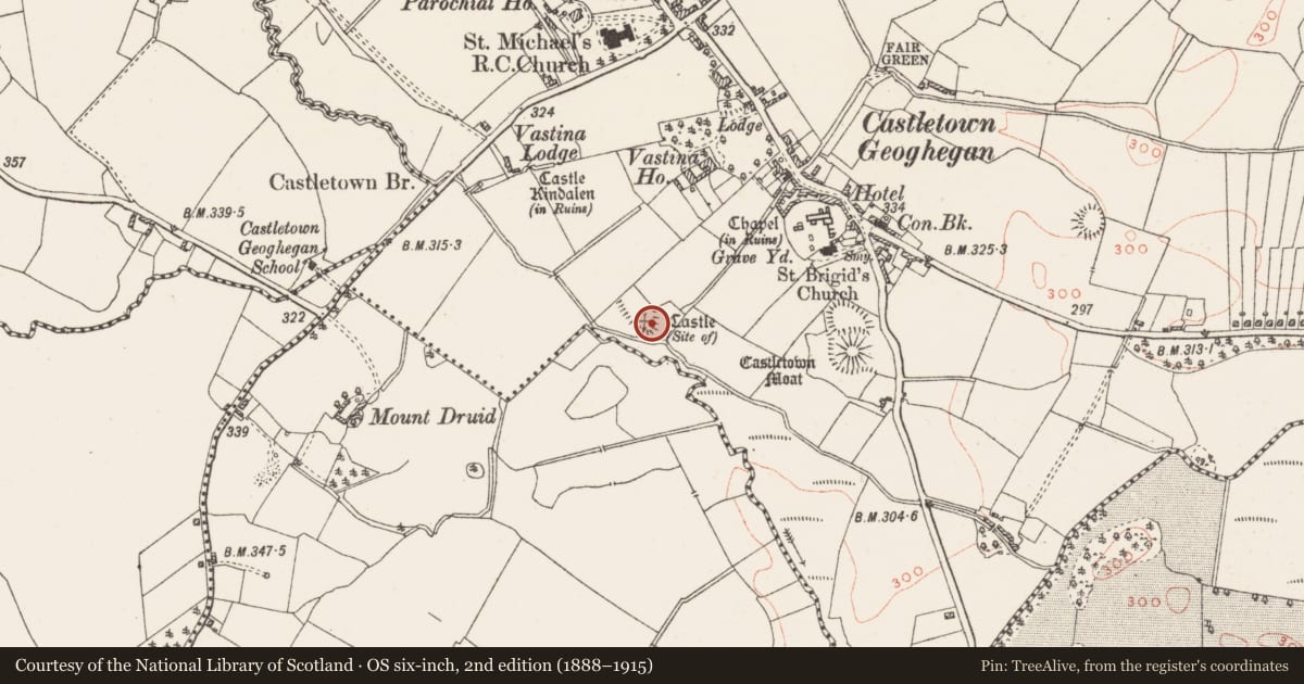 Ordnance Survey six-inch map, 2nd edition (1888–1915) covering the location of Castle - tower house, Castletown, County Westmeath, with a pin at the register's coordinates