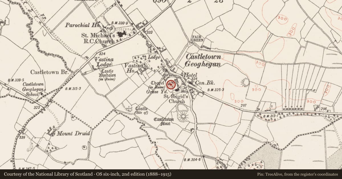 Ordnance Survey six-inch map, 2nd edition (1888–1915) covering the location of Chapel, Castletown, County Westmeath, with a pin at the register's coordinates