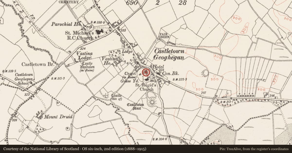 Ordnance Survey six-inch map, 2nd edition (1888–1915) covering the location of Church, Castletown, County Westmeath, with a pin at the register's coordinates