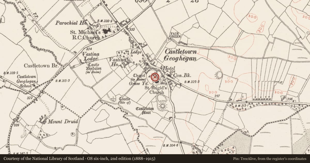 Ordnance Survey six-inch map, 2nd edition (1888–1915) covering the location of Ecclesiastical enclosure, Castletown, County Westmeath, with a pin at the register's coordinates