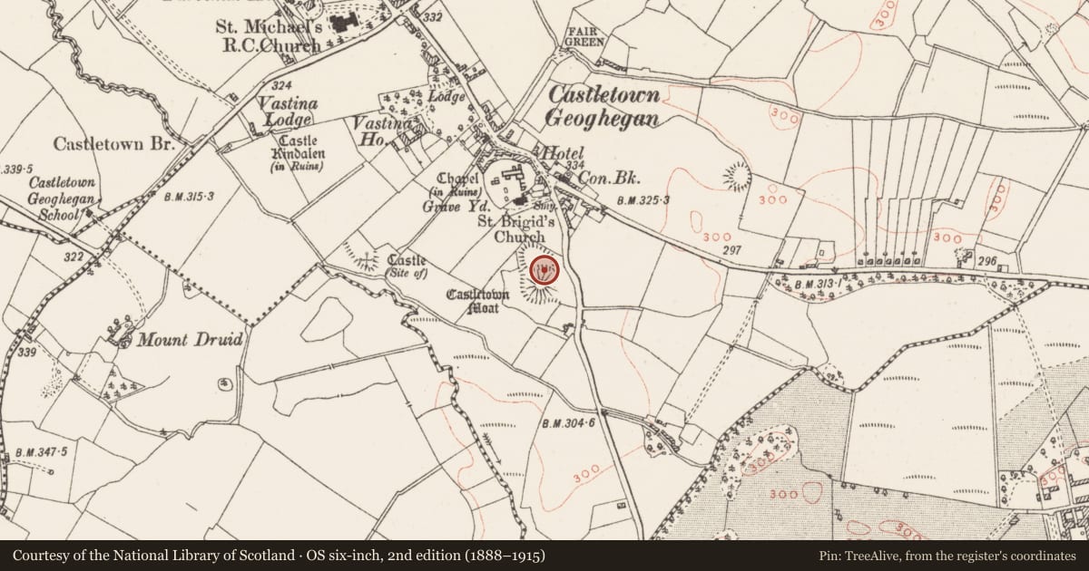 Ordnance Survey six-inch map, 2nd edition (1888–1915) covering the location of Castle - motte and bailey, Castletown, County Westmeath, with a pin at the register's coordinates