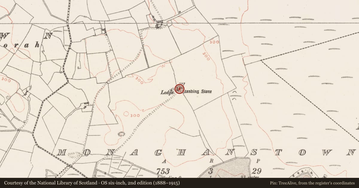Ordnance Survey six-inch map, 2nd edition (1888–1915) covering the location of Standing stone, Monaghanstown, County Westmeath, with a pin at the register's coordinates