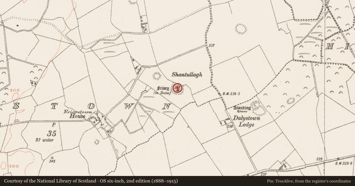 Ordnance Survey six-inch map, 2nd edition (1888–1915) covering the location of Ecclesiastical enclosure, Friarstown, County Westmeath, with a pin at the register's coordinates