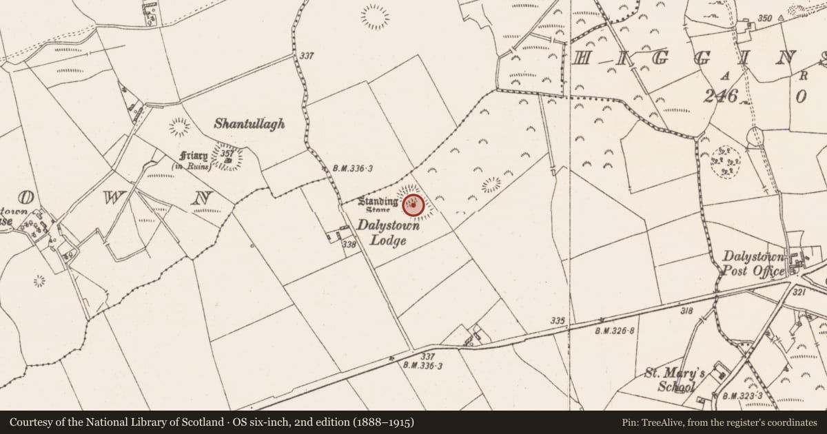 Ordnance Survey six-inch map, 2nd edition (1888–1915) covering the location of Enclosure, Dalystown, County Westmeath, with a pin at the register's coordinates