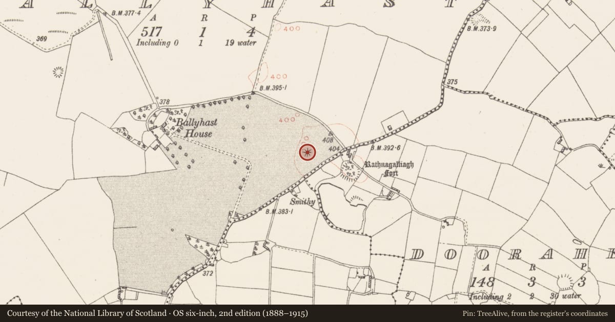 Ordnance Survey six-inch map, 2nd edition (1888–1915) covering the location of Barrow - mound barrow, Ballyhast, County Westmeath, with a pin at the register's coordinates