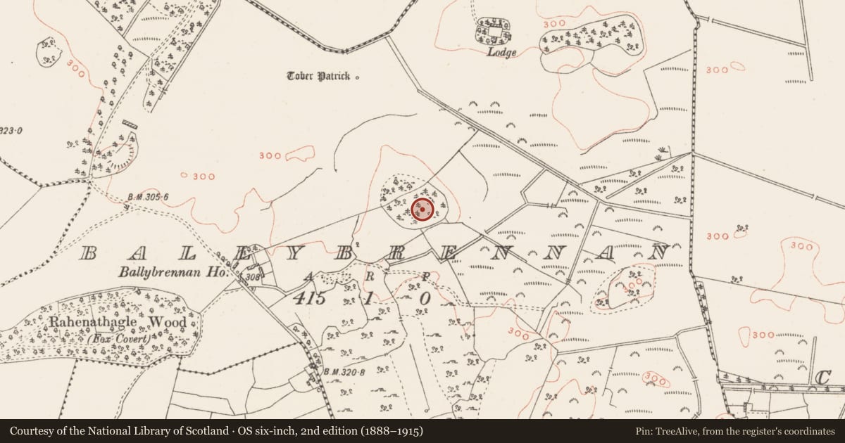 Ordnance Survey six-inch map, 2nd edition (1888–1915) covering the location of Enclosure, Ballybrennan, County Westmeath, with a pin at the register's coordinates