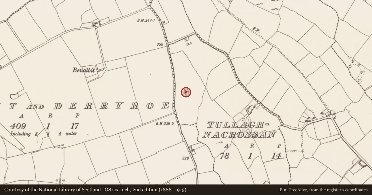 Ordnance Survey six-inch map, 2nd edition (1888–1915) covering the location of Enclosure, Tullaghnacrossan, County Westmeath, with a pin at the register's coordinates