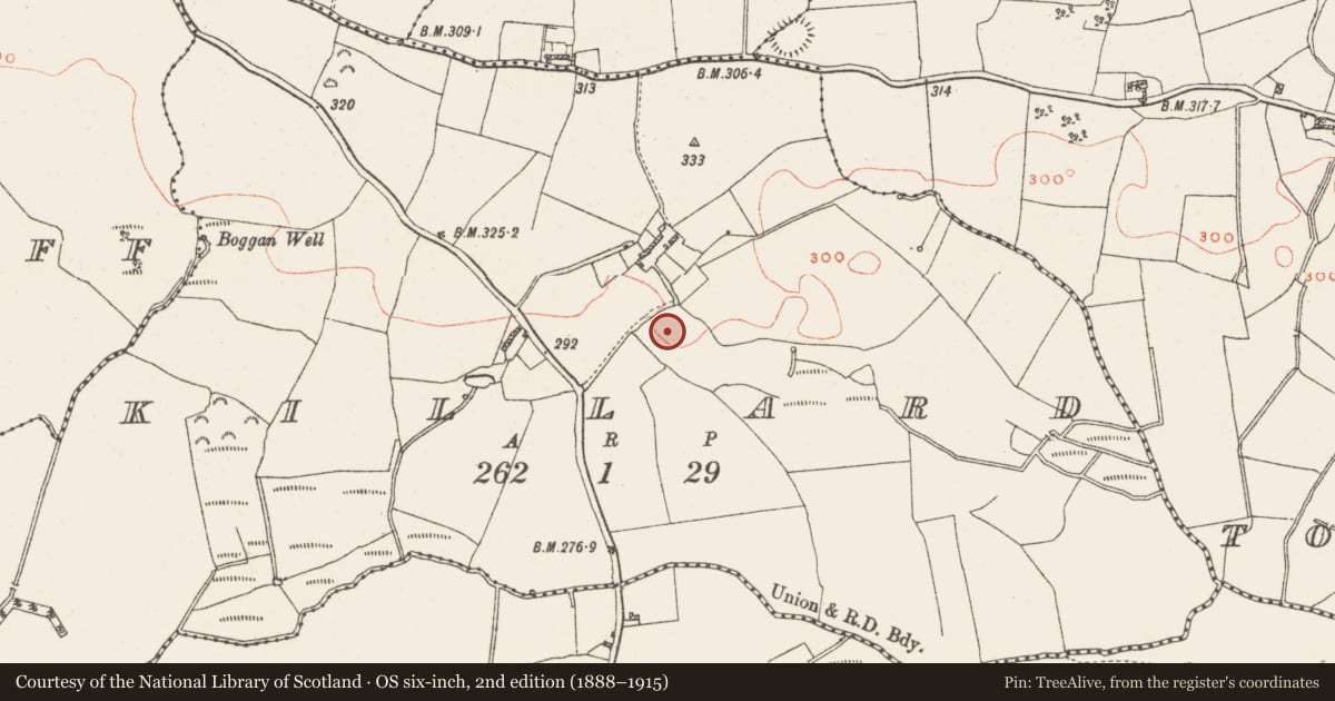 Ordnance Survey six-inch map, 2nd edition (1888–1915) covering the location of Burial, Killard, County Westmeath, with a pin at the register's coordinates