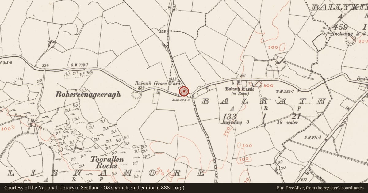 Ordnance Survey six-inch map, 2nd edition (1888–1915) covering the location of Graveyard, Balrath, County Westmeath, with a pin at the register's coordinates