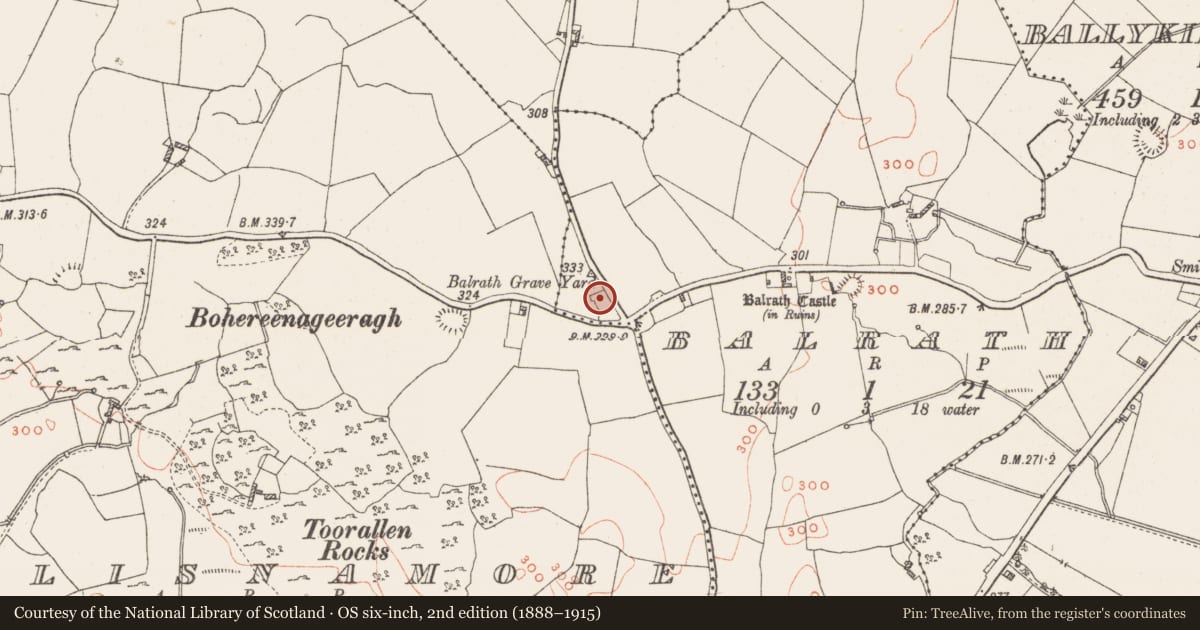 Ordnance Survey six-inch map, 2nd edition (1888–1915) covering the location of Church, Balrath, County Westmeath, with a pin at the register's coordinates