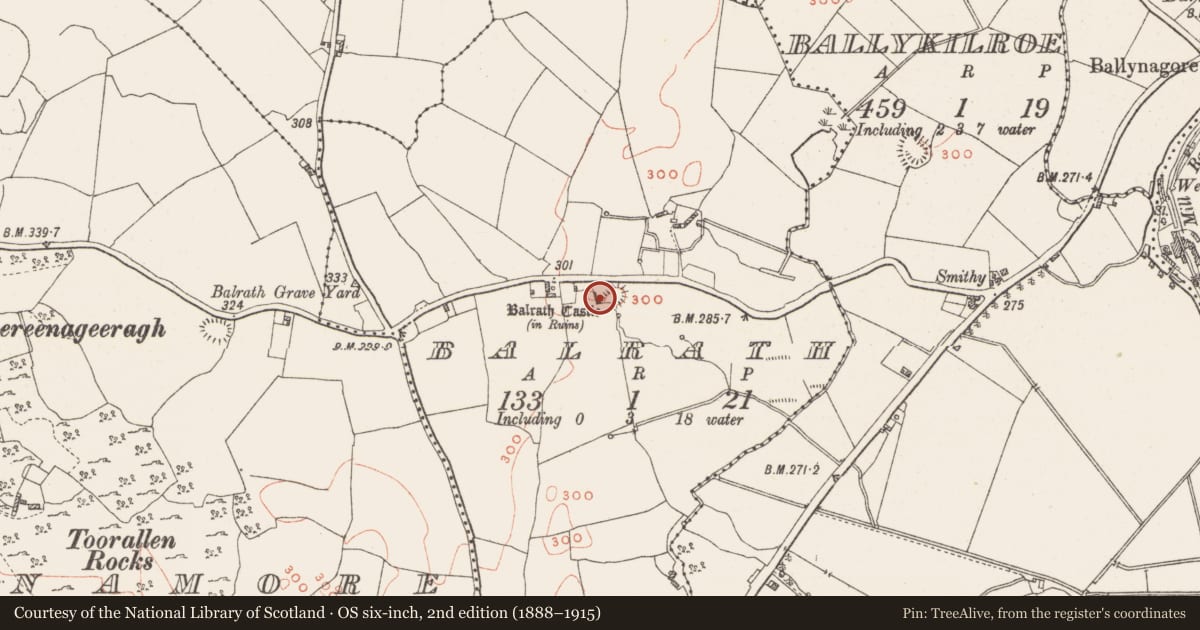 Ordnance Survey six-inch map, 2nd edition (1888–1915) covering the location of Castle - unclassified, Balrath, County Westmeath, with a pin at the register's coordinates