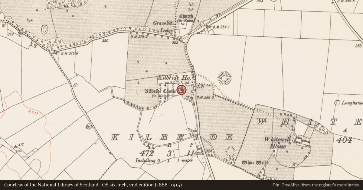 Ordnance Survey six-inch map, 2nd edition (1888–1915) covering the location of Castle - tower house, Kilbride, County Westmeath, with a pin at the register's coordinates