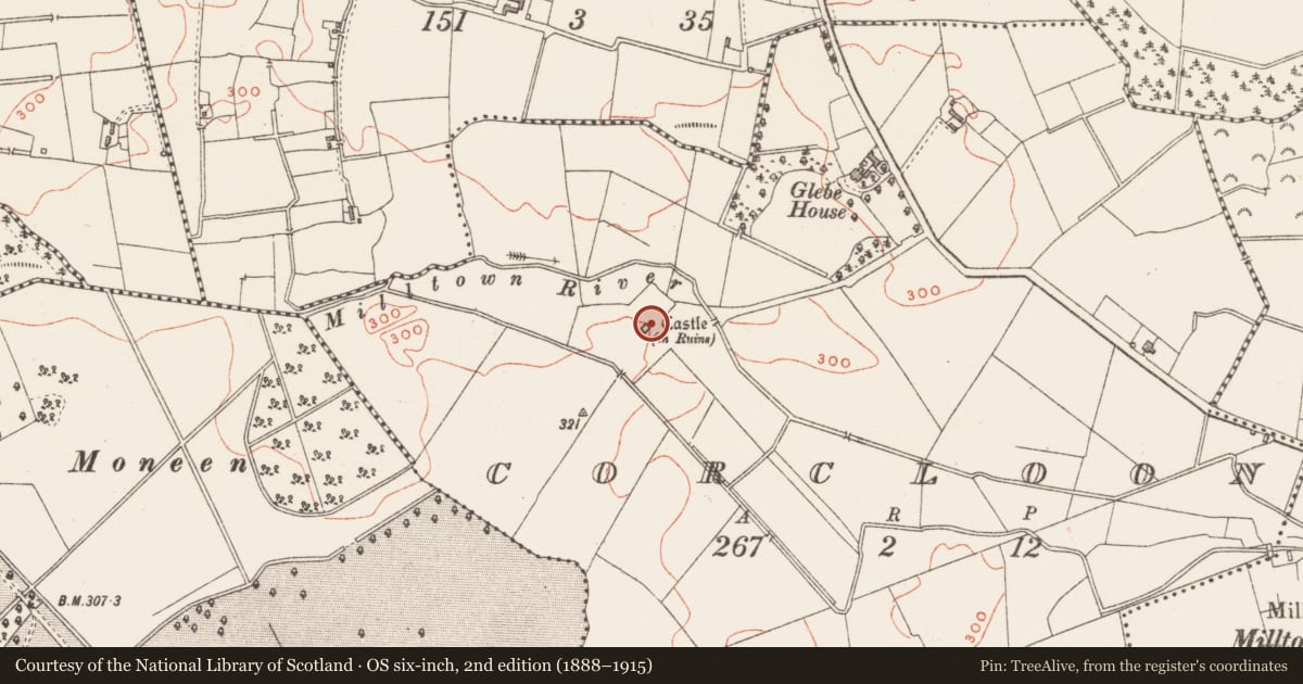 Ordnance Survey six-inch map, 2nd edition (1888–1915) covering the location of Castle - unclassified, Corcloon, County Westmeath, with a pin at the register's coordinates