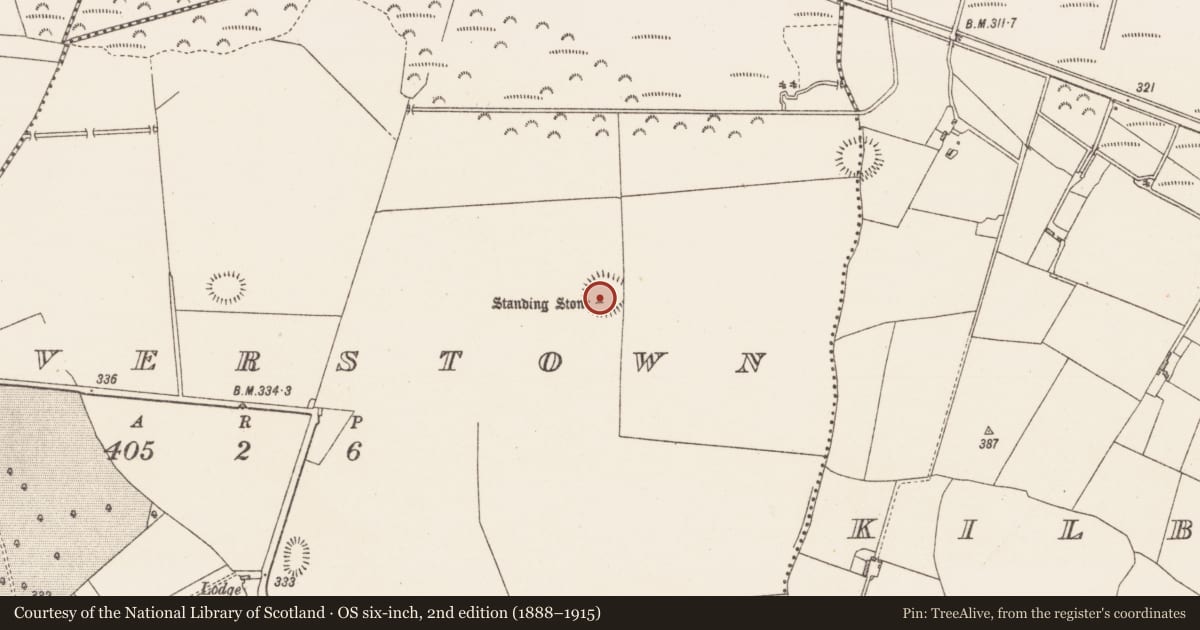 Ordnance Survey six-inch map, 2nd edition (1888–1915) covering the location of Standing stone, Calverstown, County Westmeath, with a pin at the register's coordinates