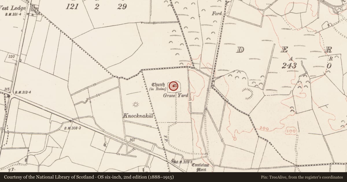 Ordnance Survey six-inch map, 2nd edition (1888–1915) covering the location of Graveyard, Castlelost, County Westmeath, with a pin at the register's coordinates