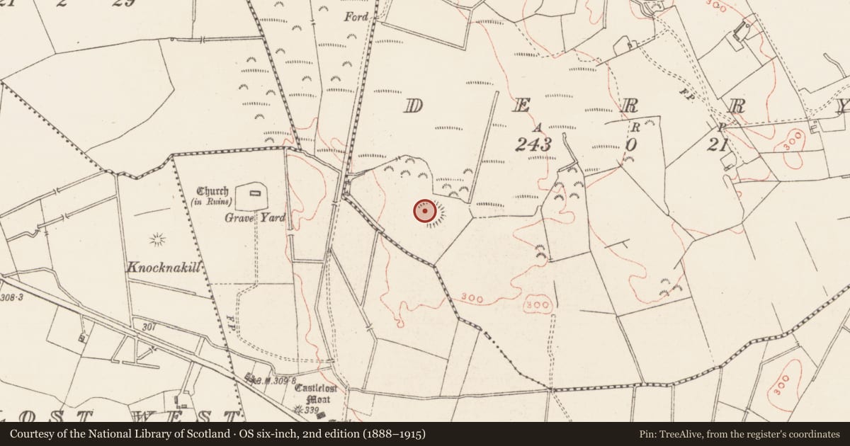 Ordnance Survey six-inch map, 2nd edition (1888–1915) covering the location of Enclosure, Derry, County Westmeath, with a pin at the register's coordinates