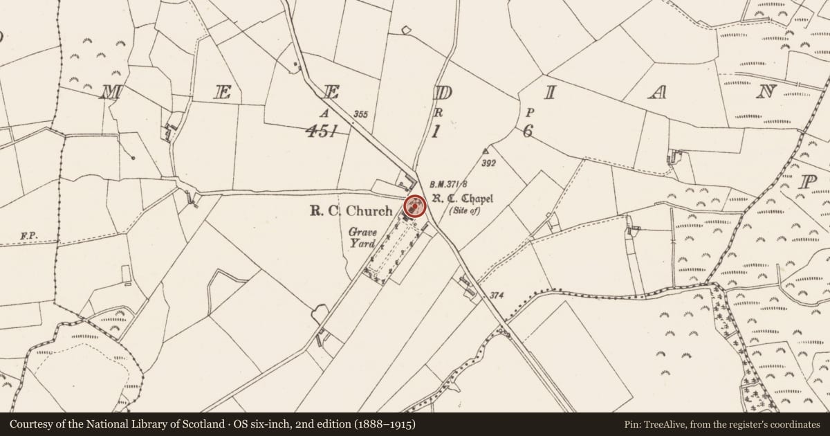 Ordnance Survey six-inch map, 2nd edition (1888–1915) covering the location of Architectural feature, Meedian, County Westmeath, with a pin at the register's coordinates