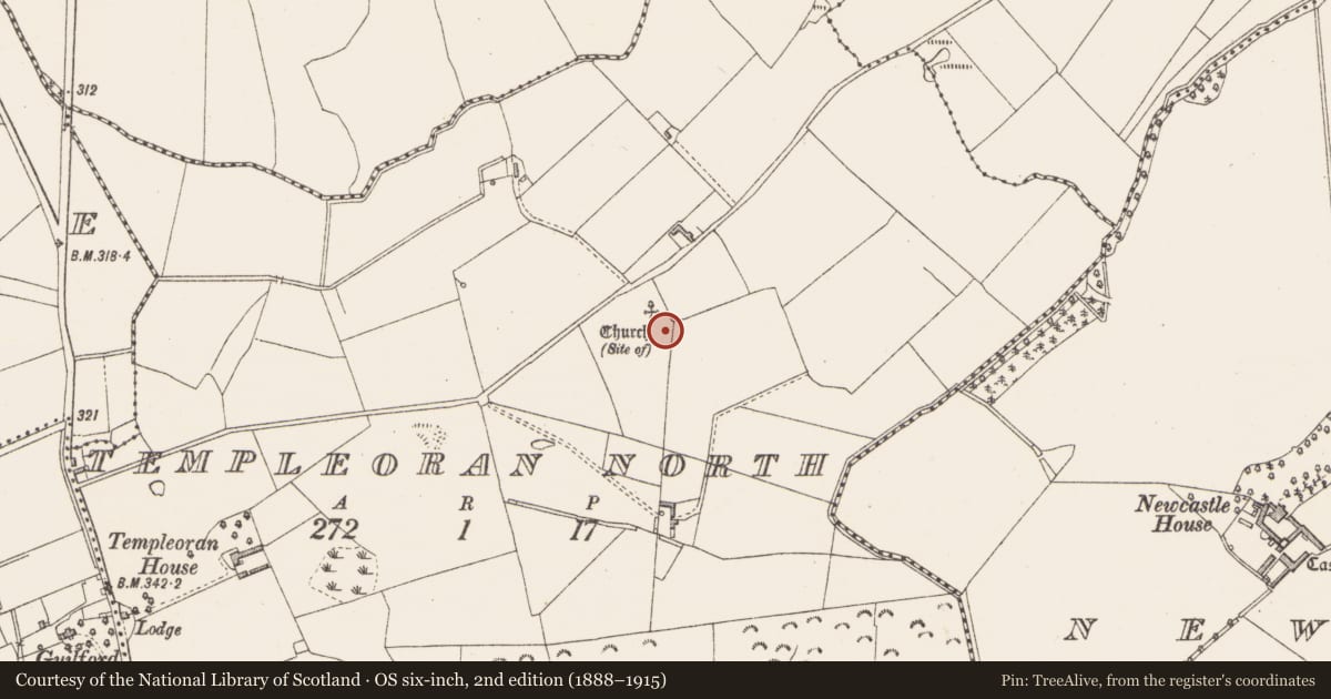 Ordnance Survey six-inch map, 2nd edition (1888–1915) covering the location of Graveyard, Templeoran North, County Westmeath, with a pin at the register's coordinates