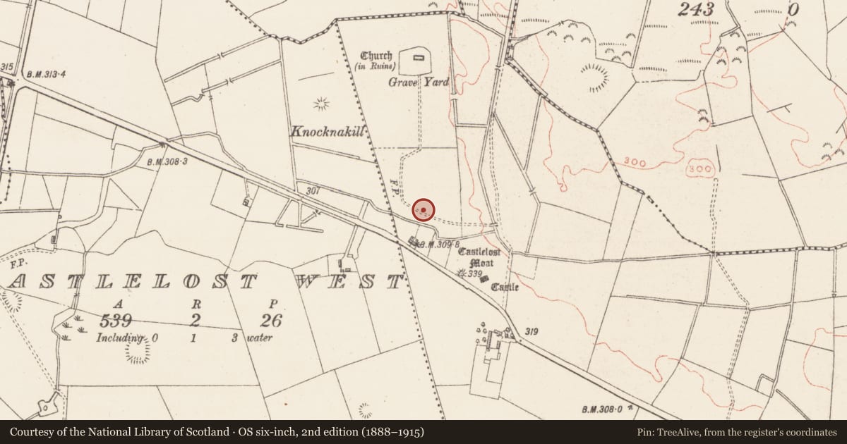 Ordnance Survey six-inch map, 2nd edition (1888–1915) covering the location of Enclosure - large enclosure, Castlelost, County Westmeath, with a pin at the register's coordinates