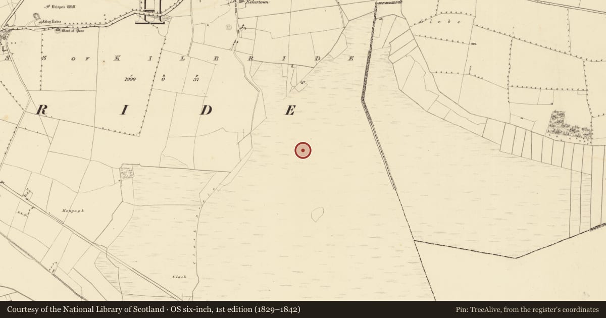 Ordnance Survey six-inch map, 1st edition (1829–1842) covering the location of Road - class 3 togher, Pass of Kilbride, County Westmeath, with a pin at the register's coordinates