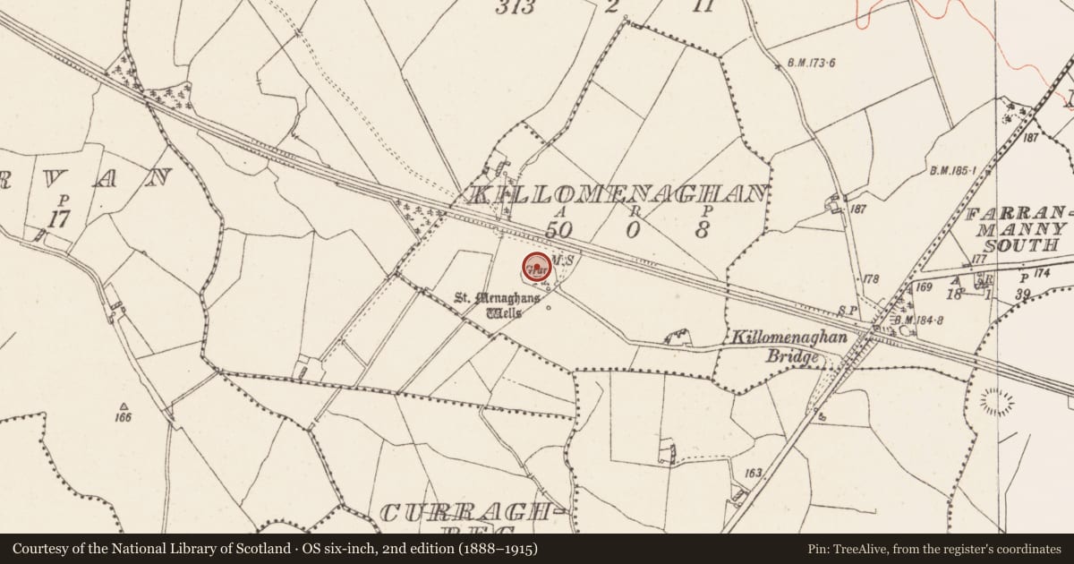 Ordnance Survey six-inch map, 2nd edition (1888–1915) covering the location of Church, Killomenaghan, County Westmeath, with a pin at the register's coordinates