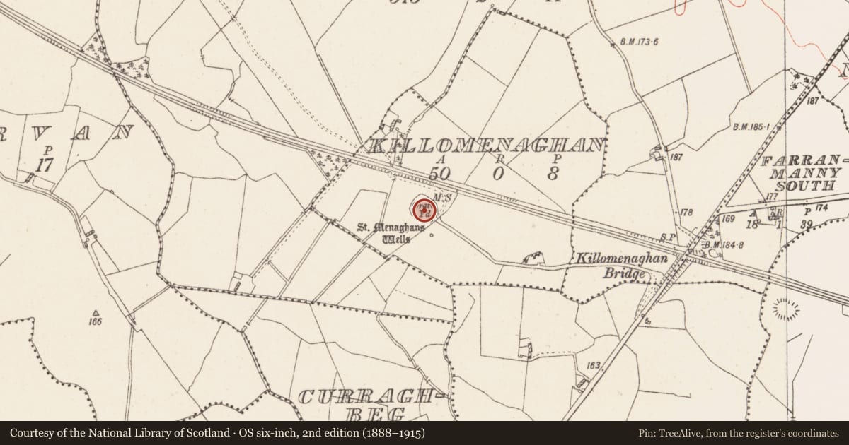 Ordnance Survey six-inch map, 2nd edition (1888–1915) covering the location of Graveyard, Killomenaghan, County Westmeath, with a pin at the register's coordinates