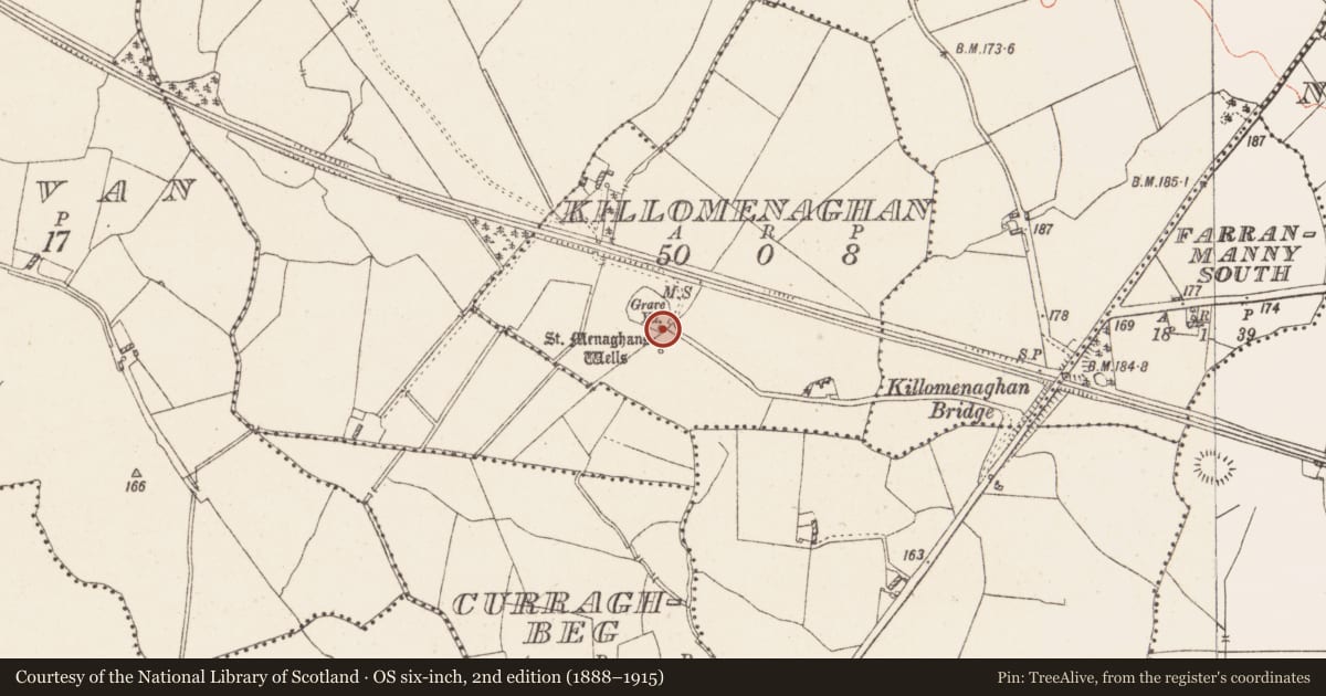 Ordnance Survey six-inch map, 2nd edition (1888–1915) covering the location of Ritual site - holy well, Killomenaghan, County Westmeath, with a pin at the register's coordinates