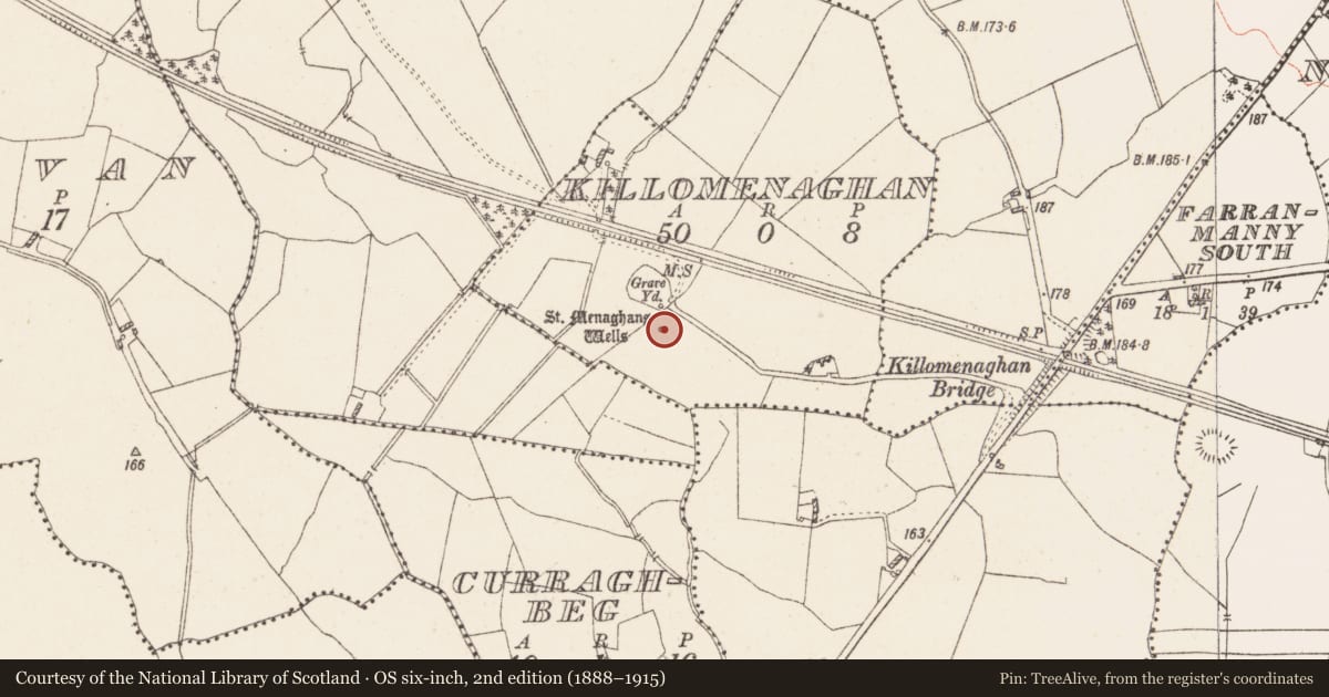 Ordnance Survey six-inch map, 2nd edition (1888–1915) covering the location of Ritual site - holy well, Killomenaghan, County Westmeath, with a pin at the register's coordinates
