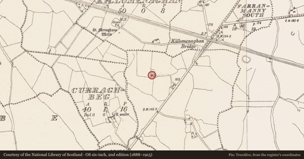 Ordnance Survey six-inch map, 2nd edition (1888–1915) covering the location of Enclosure, Ballinlassy, County Westmeath, with a pin at the register's coordinates